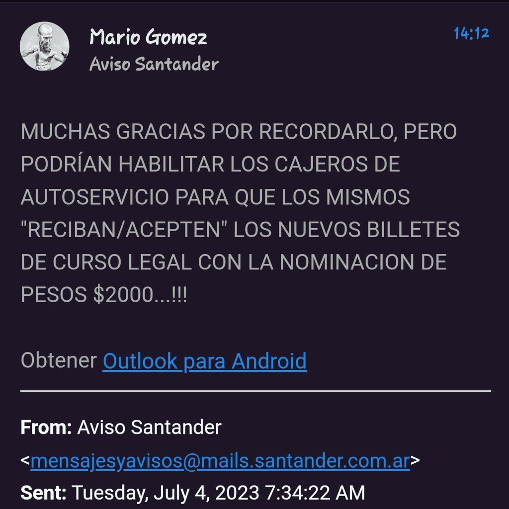 MaritoAG05's tweet photo. @Santander_Ar espero que lo reciban Y SOLUCIONEN ESOS INCONVENIENTES, GRACIAS!!! https://t.co/gTn3YRVrWQ