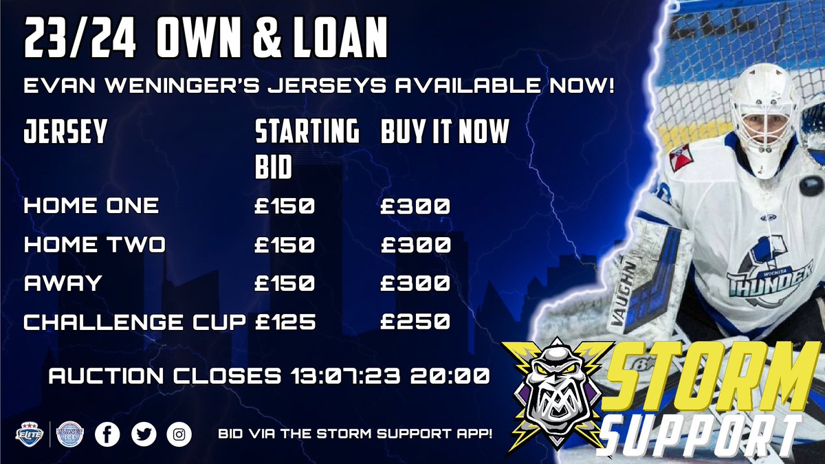 Storm Support (@mcr_stormsuprt) on Twitter photo πO&L GOALIE SPECIALπ
Our next auctions are for your new <a href="/Mcr_Storm/">Manchester Storm | #TakeShelter</a> Netminders - <a href="/evanweninger/">evan weninger</a> & <a href="/AlexOldale/">Alex Oldale</a> are now LIVE!
Weβve dropped the βBuy It Nowβ Price for Alexβs first professional Jerseys - For More details & to bid, Head over to our app!
π²bit.ly/McrStormSupport πO&L GOALIE SPECIALπ
Our next auctions are for your new <a href="/Mcr_Storm/">Manchester Storm | #TakeShelter</a> Netminders - <a href="/evanweninger/">evan weninger</a> & <a href="/AlexOldale/">Alex Oldale</a> are now LIVE!
Weβve dropped the βBuy It Nowβ Price for Alexβs first professional Jerseys - For More details & to bid, Head over to our app!
π²bit.ly/McrStormSupport