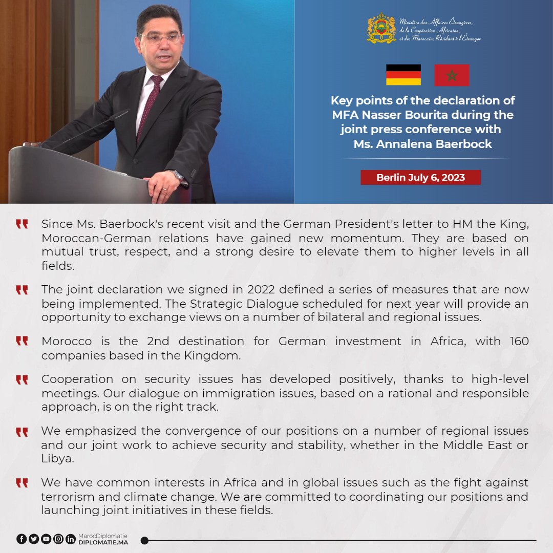 Key points of the declaration of MFA Nasser Bourita during the joint press conference with Ms. Annalena Baerbock.