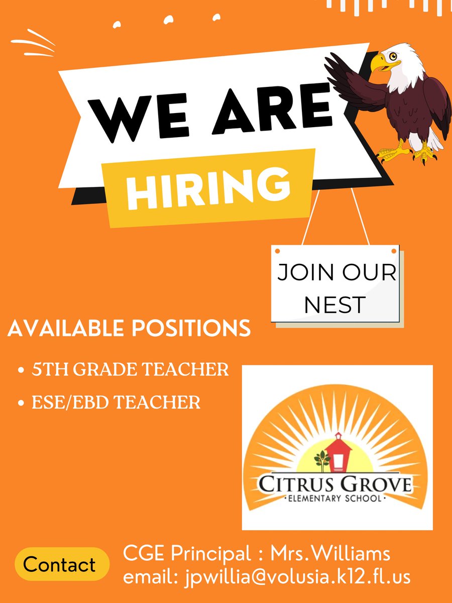 Citrus Grove Elementary, Deland FL (@citrusgrove_vcs) on Twitter photo We are hiring <a href="/CitrusGrove_VCS/">Citrus Grove Elementary, Deland FL</a> <a href="/volusiaschools/">Volusia County Schools</a>. Come join us at the nest. 🍊🦅 #cgeeagles We are hiring <a href="/CitrusGrove_VCS/">Citrus Grove Elementary, Deland FL</a> <a href="/volusiaschools/">Volusia County Schools</a>. Come join us at the nest. 🍊🦅 #cgeeagles