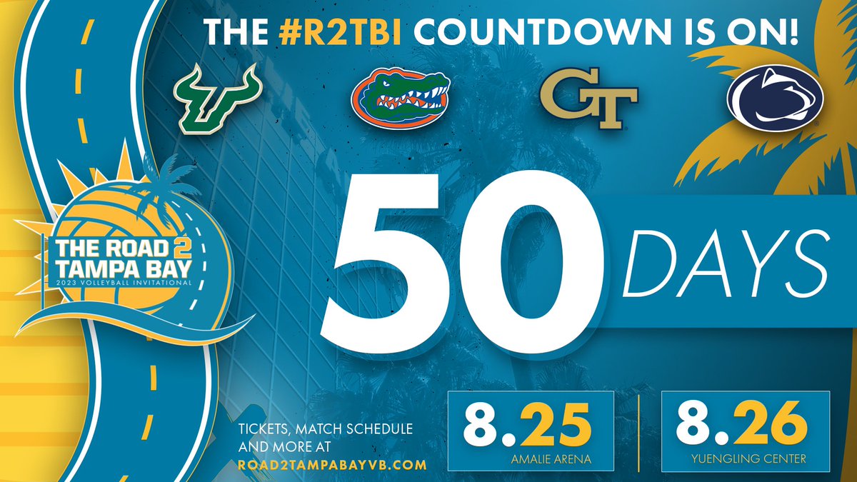 5️⃣0️⃣ days until we begin the 2023 NCAA DI Women’s Volleyball season with the Road 2️⃣ Tampa Bay Volleyball Invite as four great squads compete across two nights (8/25-26)! 🏐 #HornsUp 🏐 #GoGators 🏐 #PointTech 🏐 #WeAre Purchase your #R2TBI tix at road2tampabayvb.com! 🏐🌴