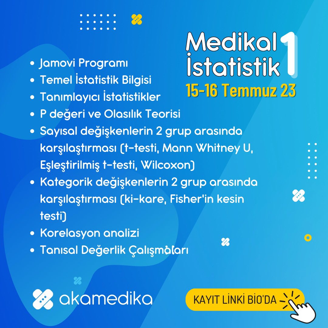 Medikal İstatistik 1 kursumuza sadece 2 hafta kaldı! 
“Farkımız, sizlerden biri olmamız” diyerek başladığımız, “Biz yandık siz yanmayın” mottosuyla hazırladığımız bu online uygulamalı kursumuzda JAMOVI öğretiyor, temel analizlerinizi kendi kendinize yapmanızı sağlıyoruz. 
Kayıt