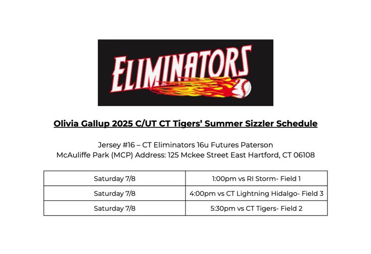 This weekend we will be playing in the CT Tigers’ Summer Sizzler Tournament in East Hartford, CT. On Saturday we will be wearing white jerseys, I am #16! Here’s our schedule! <a href="/CTEliminator_SB/">CTEliminators_Softball</a>