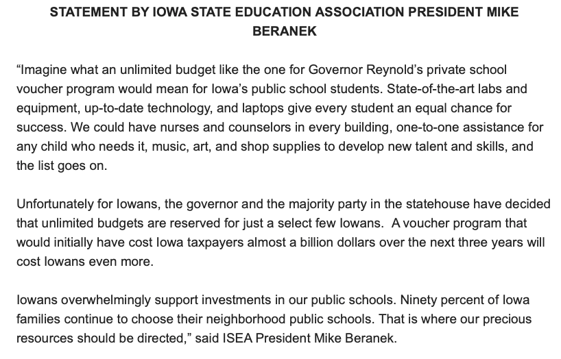 .<a href="/IowaSEA/">ISEA</a> on new school voucher numbers: imagine what #Iowa's public schools could do with unlimited budget.
"We could have nurses and counselors in every building, one-to-one assistance for any child who needs it, music, art, and shop supplies to develop new talent and skills.."