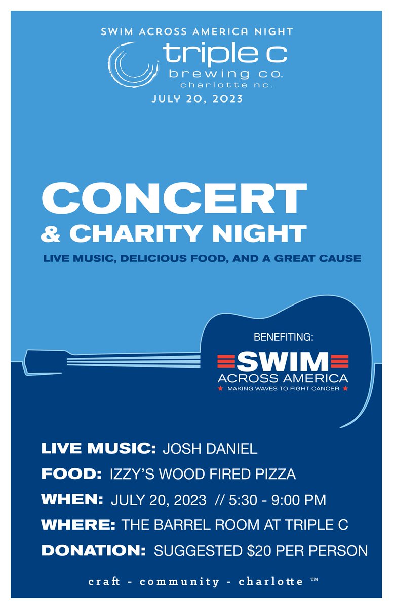 Join @SAAswim on Thursday, July 20, at @TripleCBrew for live music, delicious food, and a great cause! Our dedicated partner will be raising funds for cancer research, clinical trials, and patient programs at @AtriumHealth @LevineCancer @LevineChildrens.