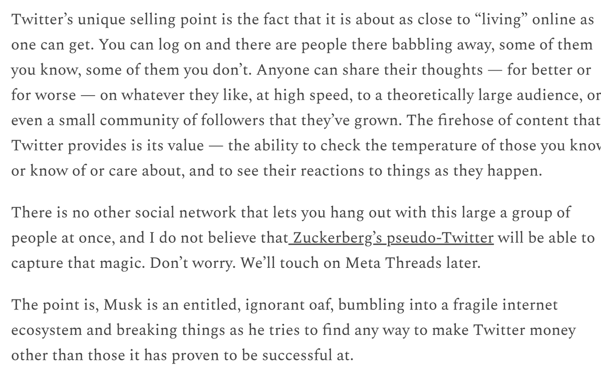 Musk is an entitled oaf, bumbling into a fragile internet ecosystem and breaking it as he tries to find any way to make money other than those Twitter has proven to be successful at. Selling data to AI companies will not pull him out of this hole. wheresyoured.at/p/the-end-of-t…