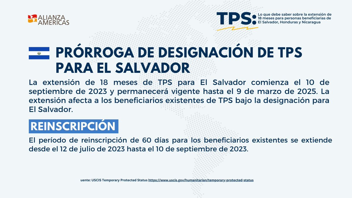 Info importante #TPS: 
El DHS publicó las notificaciones en el Registro Federal que anuncian la rescisión de las cancelaciones de #TPS para #ElSalvador, #Honduras y #Nicaragua.

Obtenga información más completa visitando nuestro sitio web 📷bit.ly/3O1Vwbx