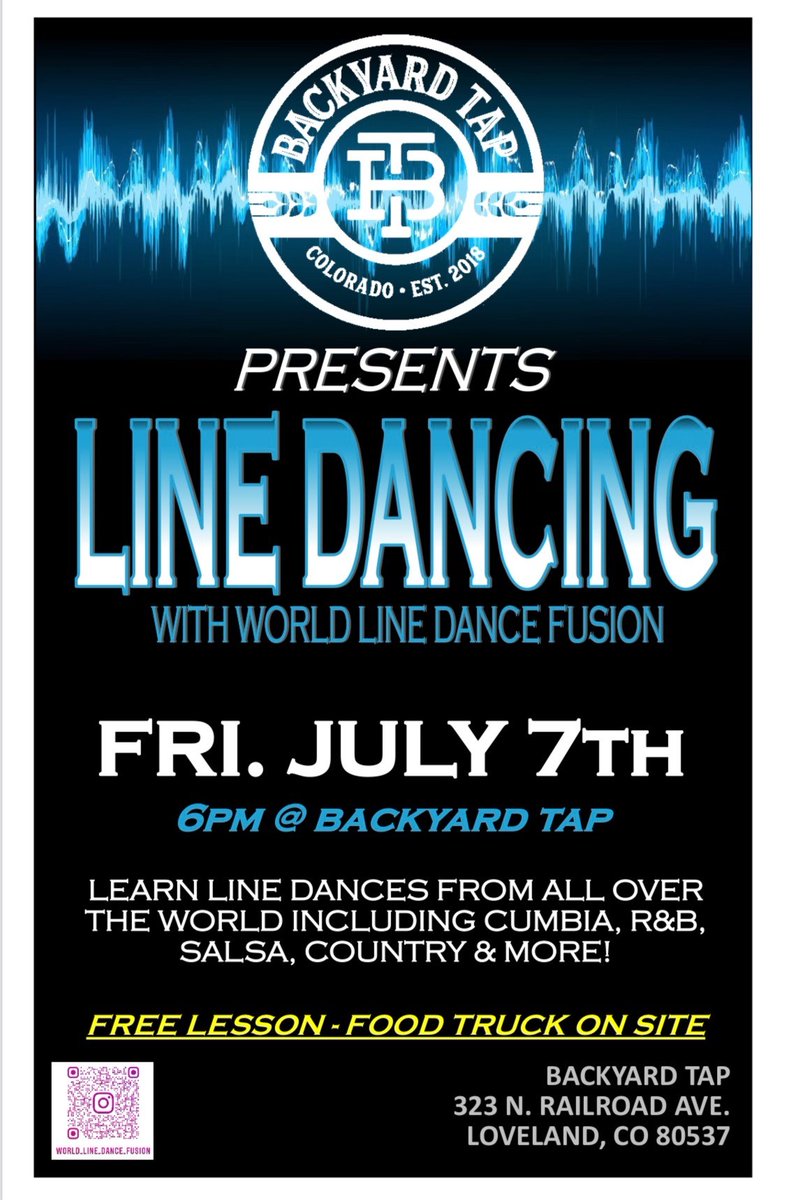 FREE Line Dance lesson with World Line Dance Fusion!  

FRIDAY, July 7th  6p

Join us and learn line dances from all over the world including Cumbia, R&amp;B, Salsa, Country &amp; More!

#linedancing #Dance  #friends #FridayVibes #downtownloveland #foodtruck