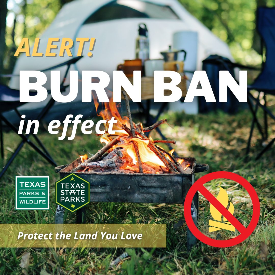 GuadRiverSP's tweet photo. 🚫🔥Park Alert!🔥🚫

Beginning at 0600 on Friday, July 7th, 2023, Guadalupe River State Park will be in a county-wide burn ban until further notice.

No wood or charcoal fires are allowed. You may use containerized fuel stoves (i.e. propane) for cooking. https://t.co/0NYgOpiFxk