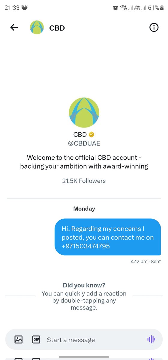 Sureneshaan's tweet photo. @CBDUAE I did share my contact number on Monday itself via direct message as requested. https://t.co/aGOerzTc6J