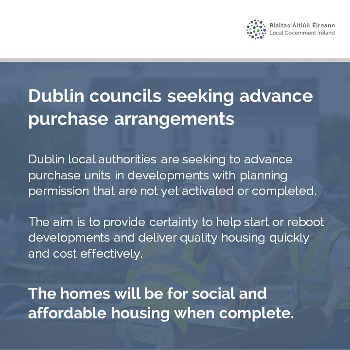 Local Government Ireland (@localgovire) on Twitter photo Dublin local authorities want to help kick-start or complete housing developments through advance purchase arrangements for social and affordable homes. For more details visit the <a href="/Fingalcoco/">Fingal County Council</a> <a href="/DubCityCouncil/">Dublin City Council</a> <a href="/sdublincoco/">South Dublin County Council</a> or <a href="/dlrcc/">Dún Laoghaire-Rathdown County Council</a> websites #HousingForAll Dublin local authorities want to help kick-start or complete housing developments through advance purchase arrangements for social and affordable homes. For more details visit the <a href="/Fingalcoco/">Fingal County Council</a> <a href="/DubCityCouncil/">Dublin City Council</a> <a href="/sdublincoco/">South Dublin County Council</a> or <a href="/dlrcc/">Dún Laoghaire-Rathdown County Council</a> websites #HousingForAll