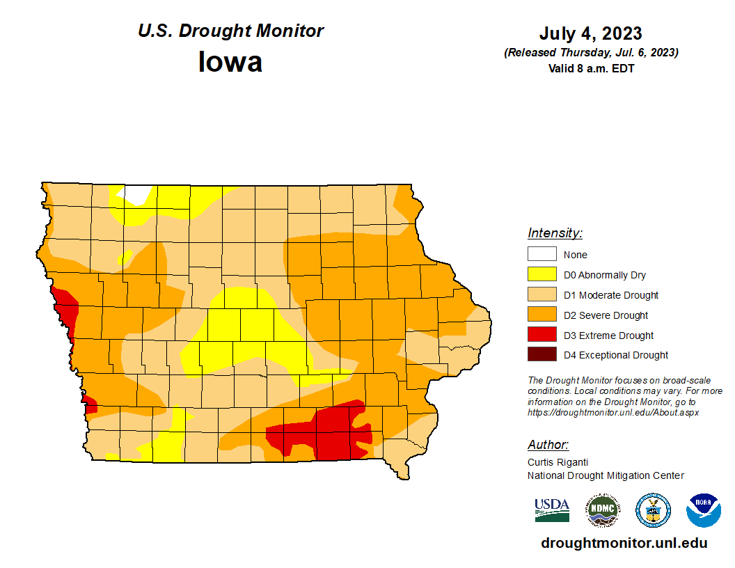 IowaFarmManager's tweet image. Earlier today, USDA released the Drought Monitor (as of July 4, 2023). Drought conditions continue throughout much of Iowa, with nearly one-third of Iowa considered to be in an area of Severe Drought or Extreme Drought.