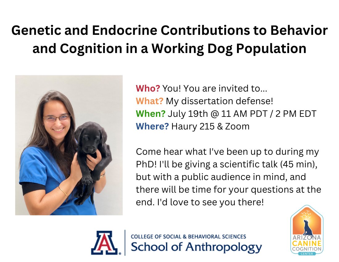 Excited to finally be defending my dissertation on July 19th! 🎉

'Genetic and Endocrine Contributions to Behavior and Cognition in a Working Dog Population' 🐕‍🦺

If you're interested, send me a message, and I'll send over the Zoom information! 📧

#CanineScience #PhDone 🎓