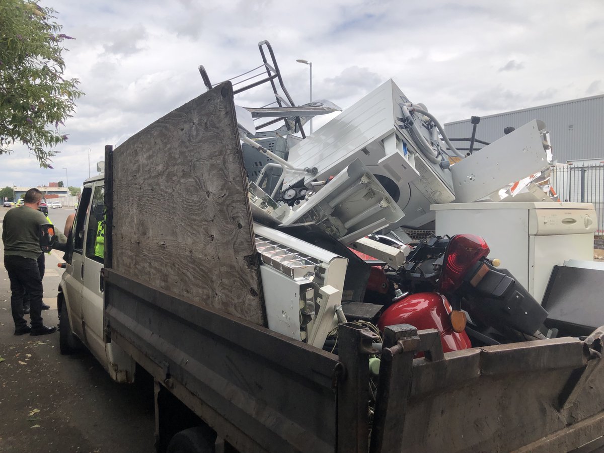 gmptraffic's tweet photo. Todays top excuse in Salford for not having business insurance. “Officer, I’m collecting it for personal use to make something nice out of it.” 
Really? not even Anthony Gormley could create a work of art out of a washing machine, a cooker, a motorbike and a zimmer frame. #OpAvro https://t.co/LP6vsTv6ZI