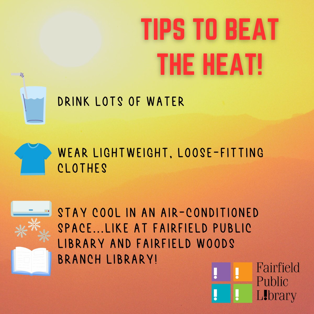 FairfieldPubLib's tweet photo. Stop by the library, hang with us, and beat the heat! https://t.co/a8vD0IuefJ