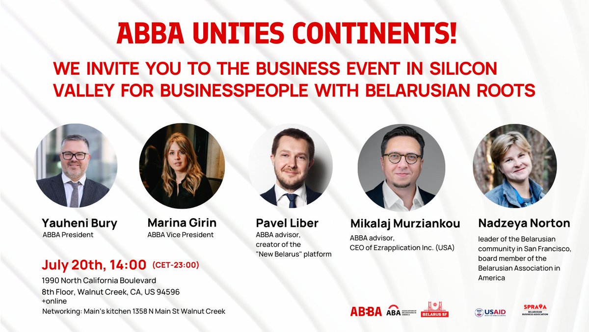 abbabusiness_'s tweet photo. ⭐️ABBA unites continents!
We invite you to the business event in Silicon Valley for businesspeople with #Belarusian roots. 
Join our meeting➡️https://t.co/8Fk9Ssi67G

@ABAtogether @BelarusSf @MarinaGirin @PashaLiber @USAID

 #ABBA #abbabusiness #proudtobebelarusianbusiness https://t.co/ETJKGtSyy5