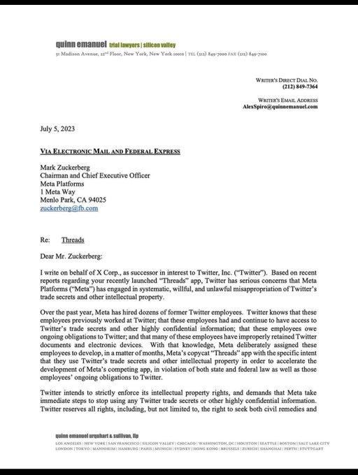 Threads: Twitter officially writes  Zuckerberg, threatens to sue Meta