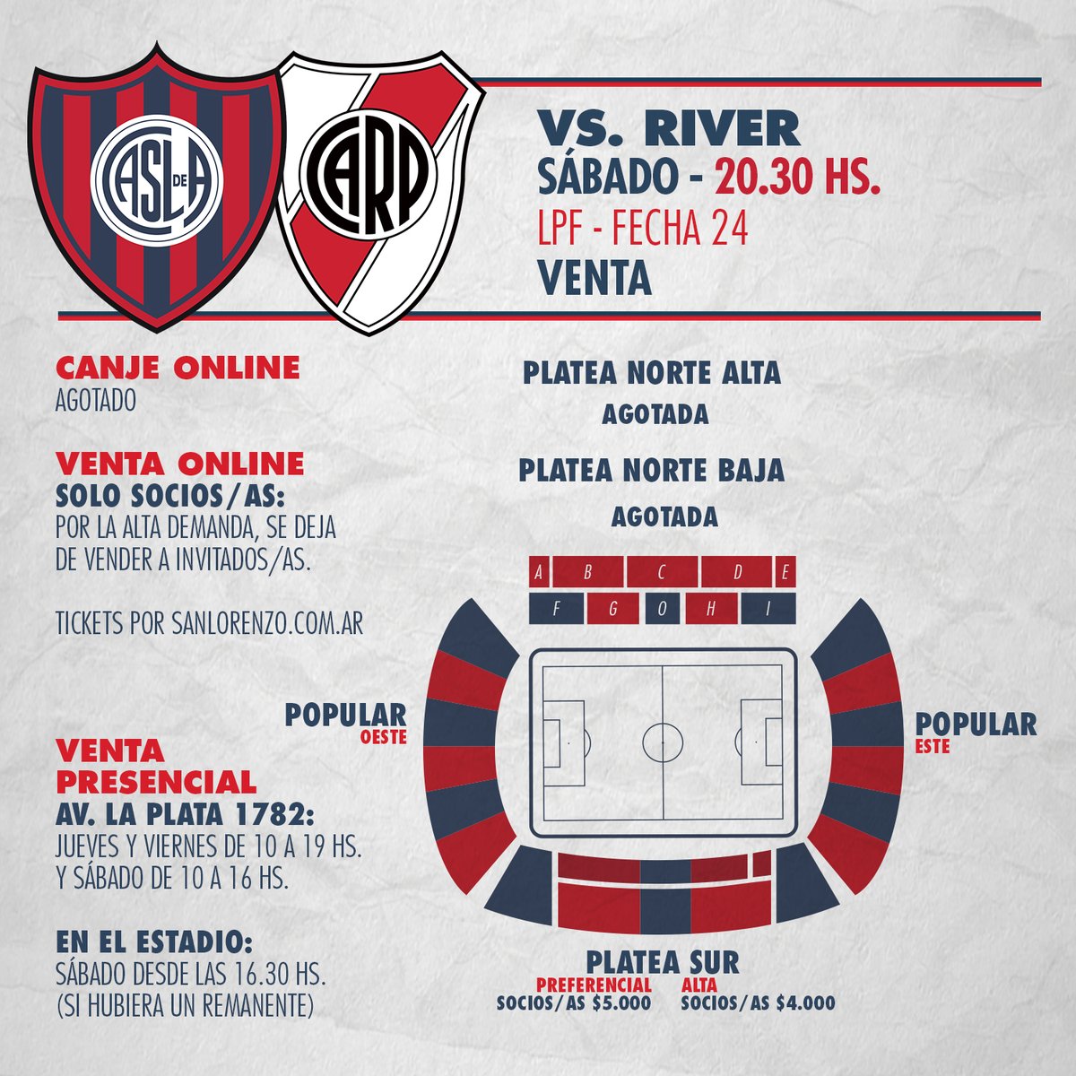 SanLorenzo's tweet photo. 🏟️ ¡CANJE AGOTADO!

🙌 Los Cuervos y las Cuervas ya se aseguraron todos los lugares disponibles en ambas cabeceras para el partido del sábado a las 20.30, con River.

✅ Por la alta demanda, se dejan de vender plateas a invitados/as.
✅ El carnet es intransferible y se debe ir con DNI a la cancha.
✅ El sábado, llegá temprano y evitá demoras.

Sigue la venta online y presencial para socios/as ➡️ https://t.co/pP4smFWBeo