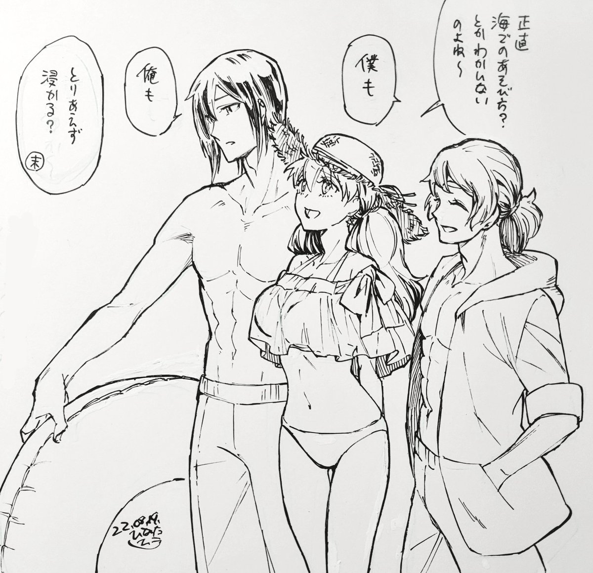 暑いから水着姿の3人を再放送するよ!🏖️
#鬼ZinKI #ぴなたぴこ画 