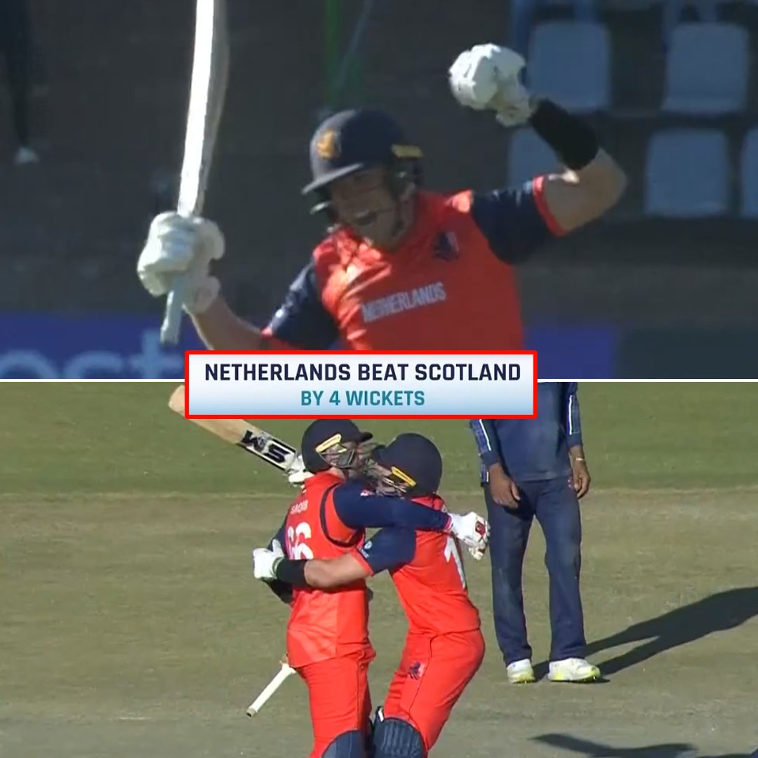 Cricketracker's tweet photo. Netherlands have chased down 278 in just 42.5 overs to qualify for the ICC World Cup 2023.
📸: Disney+Hotstar
#Netherlands #Sctoland https://t.co/8i5EGfuqkm