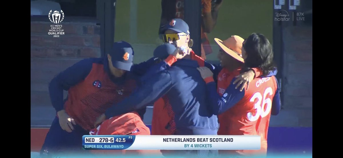 What an effort! Netherlands qualify for the men’s ICC ODI World Cup in some style chasing 278 in just 42.5 overs! What a heroic effort by Bas de Leede scoring 123 off just 92 balls and taking 5/52 as well! Brilliant from the Dutch! #ICCWorldCupQualifiers