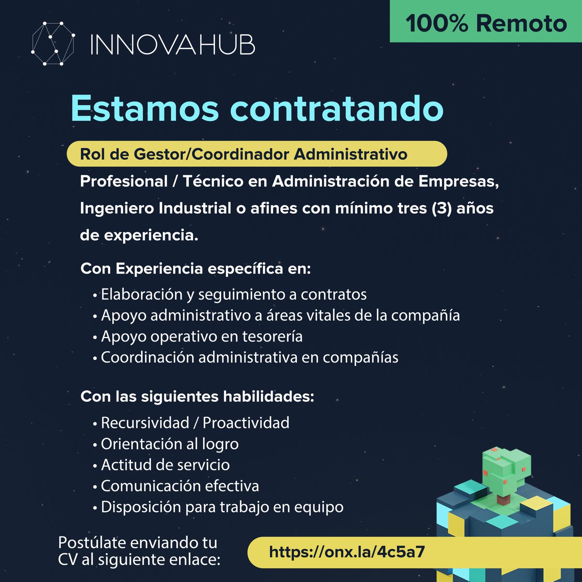 InnovaHubCol's tweet image. No olvides postular accediendo al siguiente enlace onx.la/4c5a7
Nuestro equipo es 100% remoto.
¡Te esperamos!

#TrabajoSiHay #ofertalaboral #empleo #trabajoremoto #administración #administracióndeempresas #coordinadoradministrativo