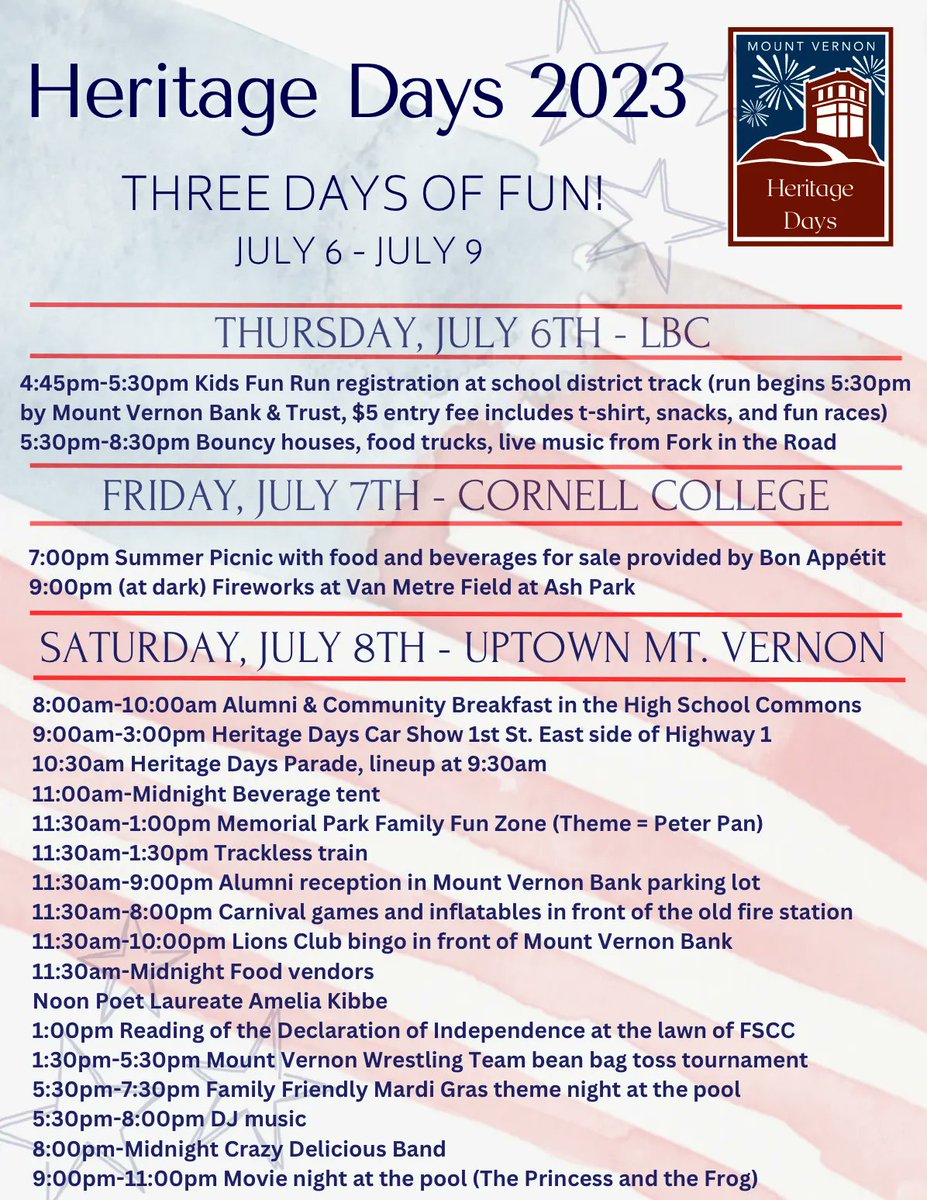 Check out the schedule of events for Mt Vernon Heritage Days on July 6-8, 2023. #visitmvl #ThisIsIowa @NatlMainStreet