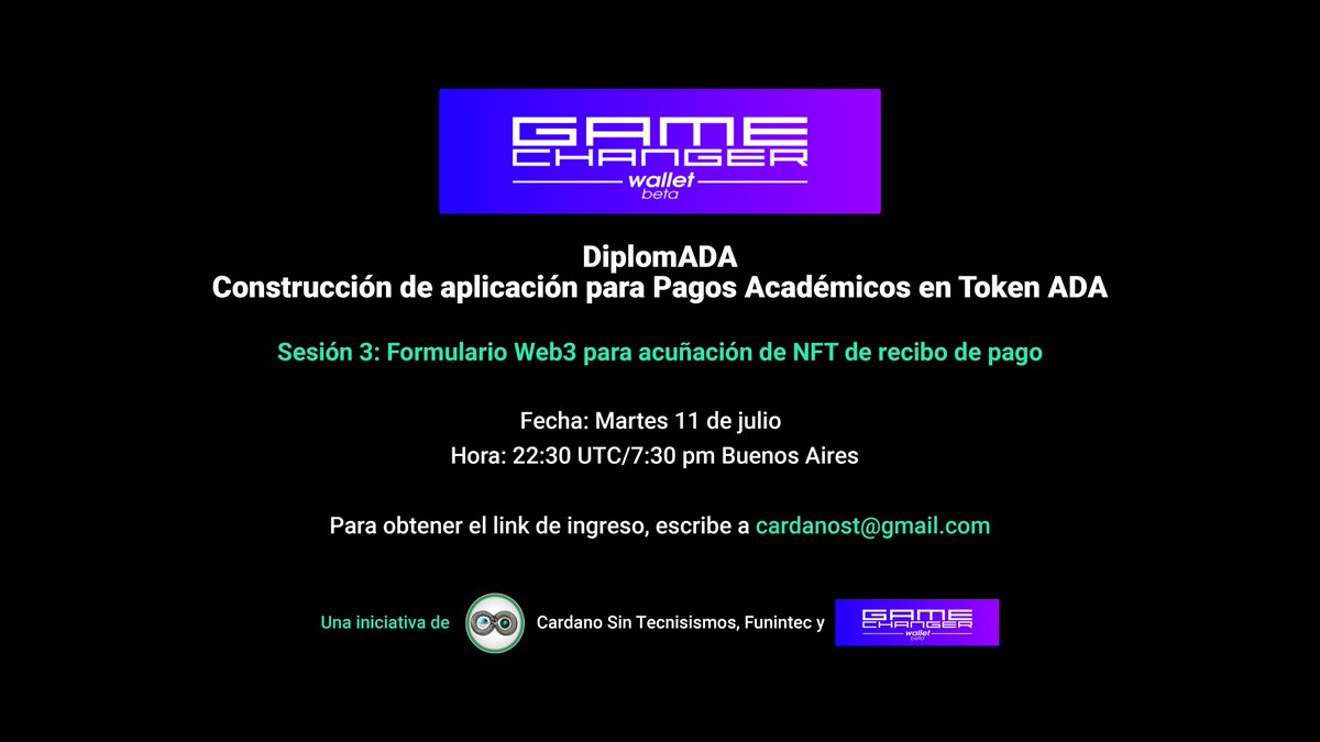 cardano_st's tweet photo. Este próximo martes 11 de julio No te pierdas la 3a sesión del proyecto #diplomADA con la billetera
@GameChangerOk
Vamos a seguir creando el MVP de un dApp de pagos de créditos académicos. Link de ingreso: https://t.co/MS3qOdBJqY…
#Cardano #CardanoADA #CardanoEnCastellano https://t.co/SwQ8TVYKHK