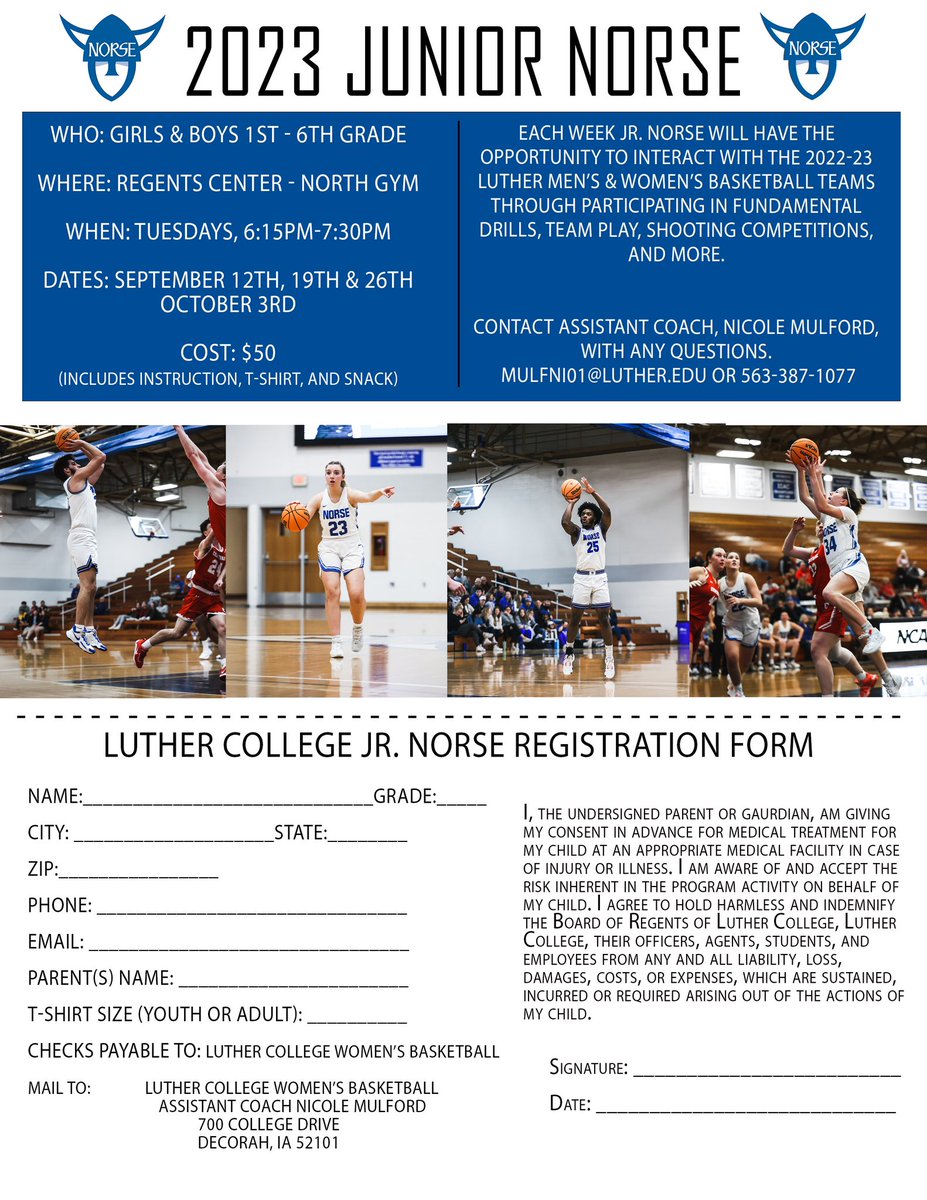 LutherWBB's tweet photo. 📣 Calling all Jr. Norse!! 📣

It’s never too early to sign up for fall camp! Our women’s and men’s basketball programs are excited to host another great Jr. Norse camp that is held weekly on September 12, 19, 26 and October 3rd! Can’t wait to see you there! https://t.co/Axu2z2qExt