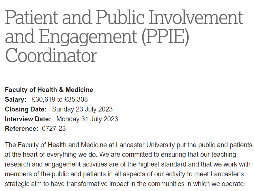 Really exciting new role @LancasterUniFHM #PPI #PPIE See advert for details: hr-jobs.lancs.ac.uk/Vacancy.aspx?r…