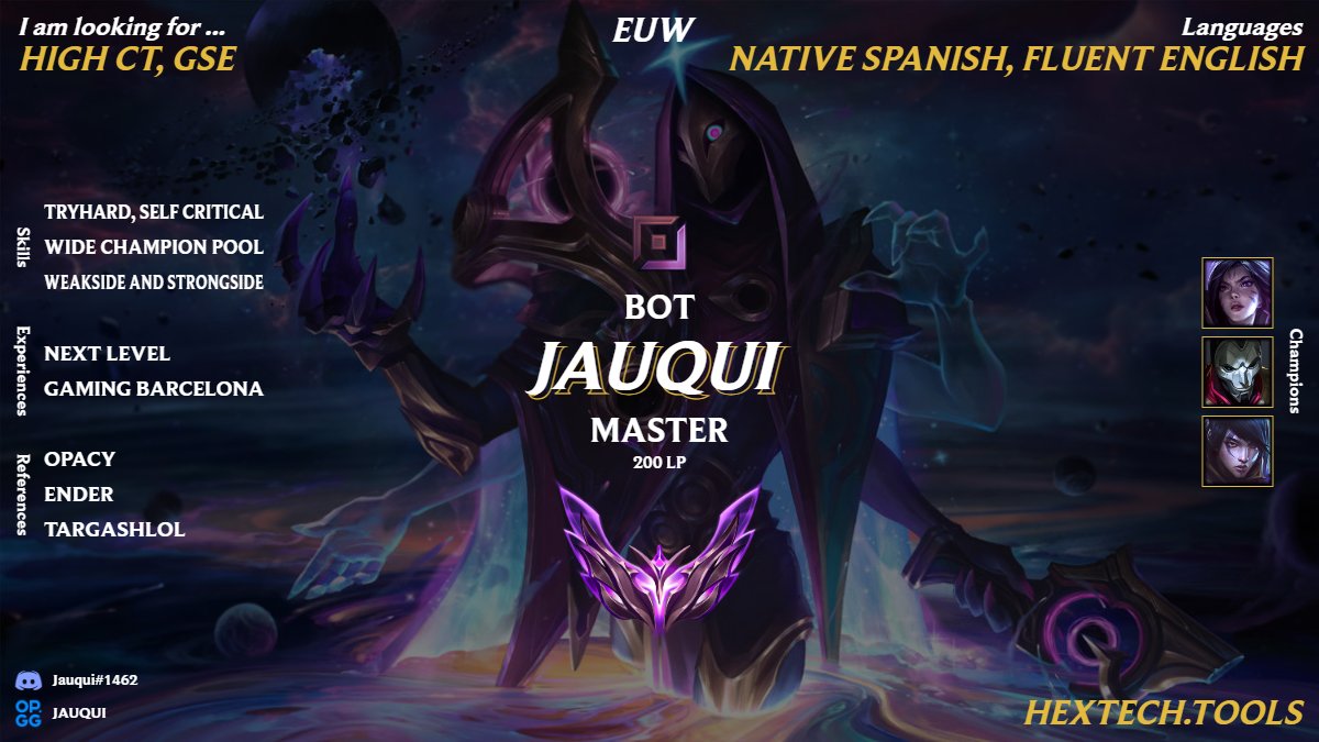 Despues de acabar este esplit en la GSE estoy mirando ofertas como ADC para high CT ,GSE,etc..

Contactar conmigo via discord: Jauqui#1462

Para referencias:
<a href="/Opacy_/">Opacy</a> 
<a href="/__endeer/">__ender</a>  
<a href="/Targash_lol/">Targash</a> 

opgg: op.gg/summoners/euw/…

todos los rts se aprecian