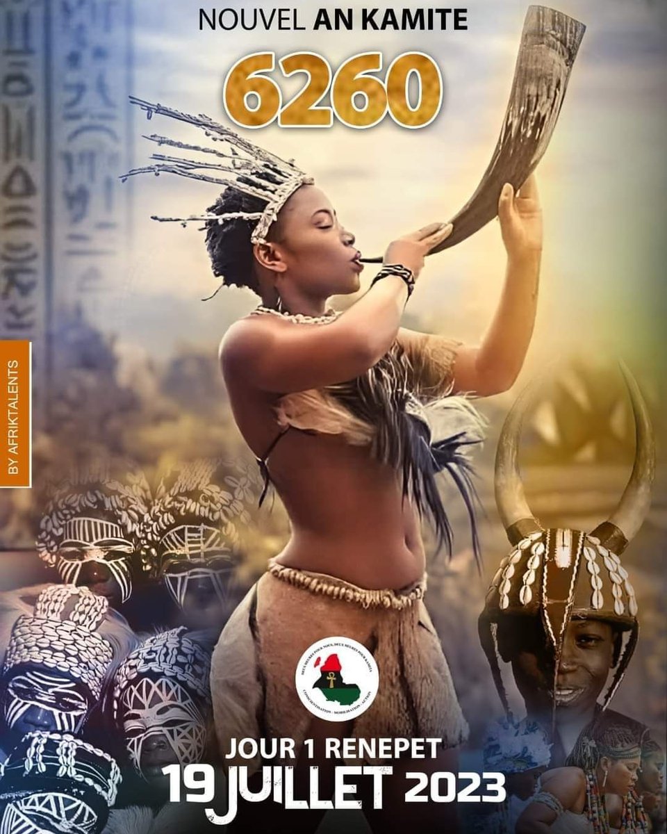 lianhoue's tweet photo. Et la trombone sonna, annonçant ainsi les festivités de la nouvelle année africaine en terre Kamit. 
#deuxheurespourkamita présente l'affiche  officielle nouvel An africain.conçuepartenaire technic #Afriktalent sous l'inspiration des ancêtres.

#an6260 
#2hprkamita 

💪🏾🇧🇫✊🏾☀️🔥 https://t.co/XkeFSMtOv2