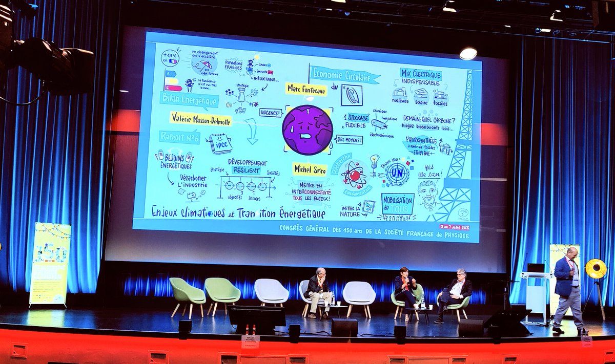 Congrès 150 ans @SFP_officiel JOUR 4 : table ronde 'Enjeux climatiques et transition énergétique' avec @valmasdel #GIEC #MichelSpiro @IUPAP_physics #MarcFontecave @cdf1530 animée par #StanislasPommeret @reseauSCF #ClimateActionNow #livesketching