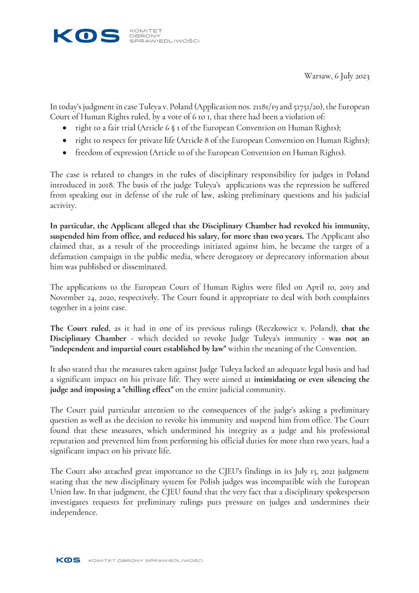 KOS_Komitet's tweet photo. ECHR judgment in case Tuleya v. Poland: multiple violations in case concerning disciplinary regime for judges in Poland ⤵️ https://t.co/81z4pj6McJ