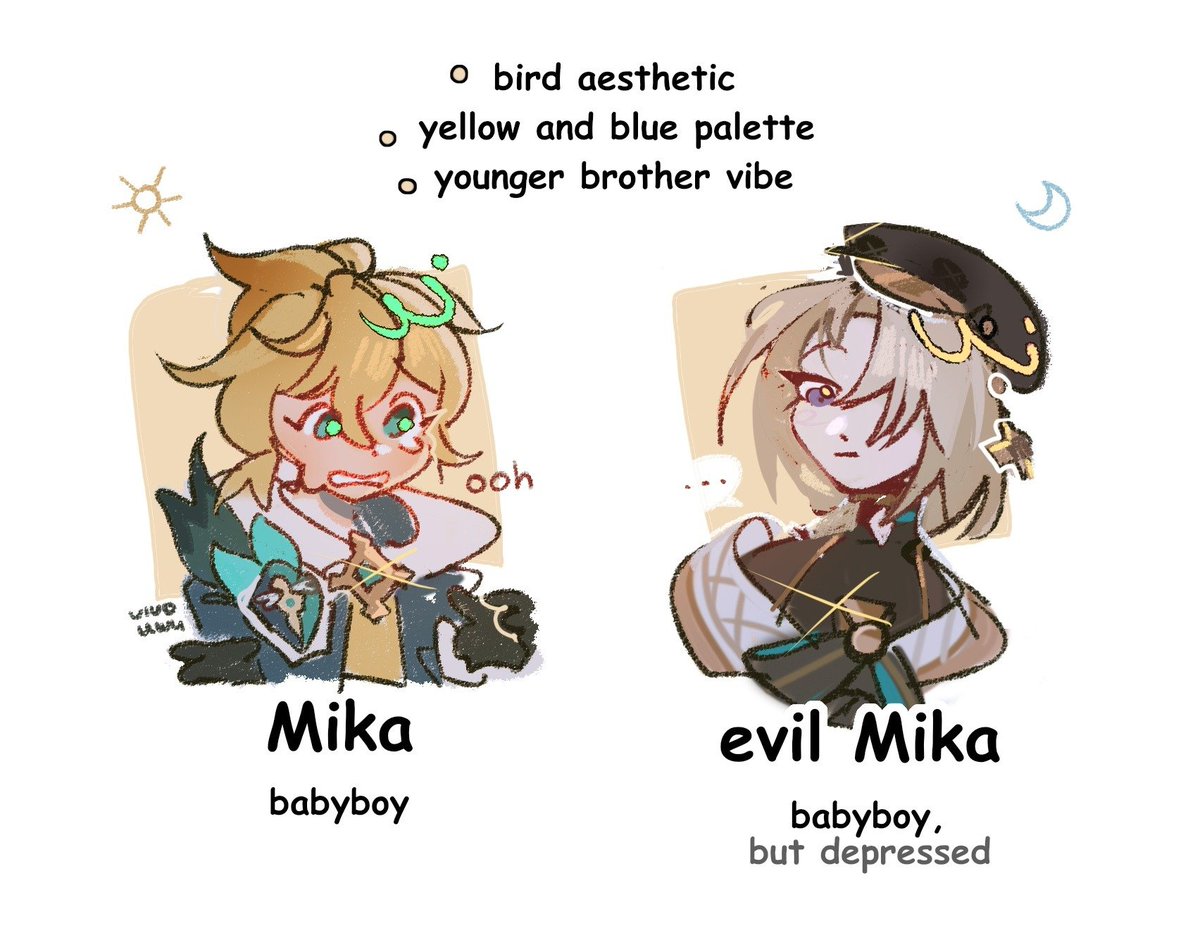 viva_uwu's tweet photo. wait... WAIT- WHAT IF--
i mean, they are both little birb guys who try hard and vibe but one of them is too shy and the other too emo

#mika #freminet #GenshinImpact https://t.co/RWzxxf7C7z