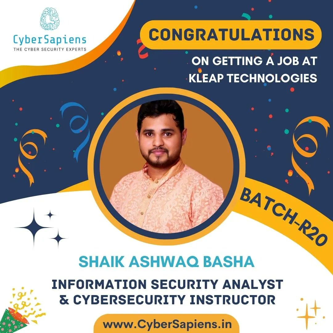 Congratulations Ashwaq Shaik on successfully securing a prestigious position as an Information Security Analyst and Cybersecurity Instructor at KLEAP Institute of Information Security™  (KIIS) Technologies. We are proud to have been a part of your journey 

#cybersecurityjobs