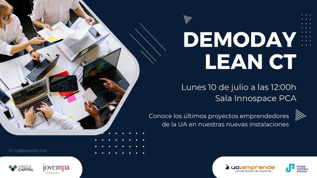 PCientificoAlic's tweet photo. 📢 Recordatorio #DemoDayLeanCT 📢
🗓️ SAVE THE DATE | 10JUL - 12:00H | SALA INNOSPACE PCA

👉 Conoce los últimos proyectos emprendedores de la UA en nuestras nuevas instalaciones

📍 ¿Cuándo? Lunes 10 de Julio a las 12:00h en la Sala Innospace del PCA

✏️ https://t.co/i62BoikwMA https://t.co/uRR8E22Mwo