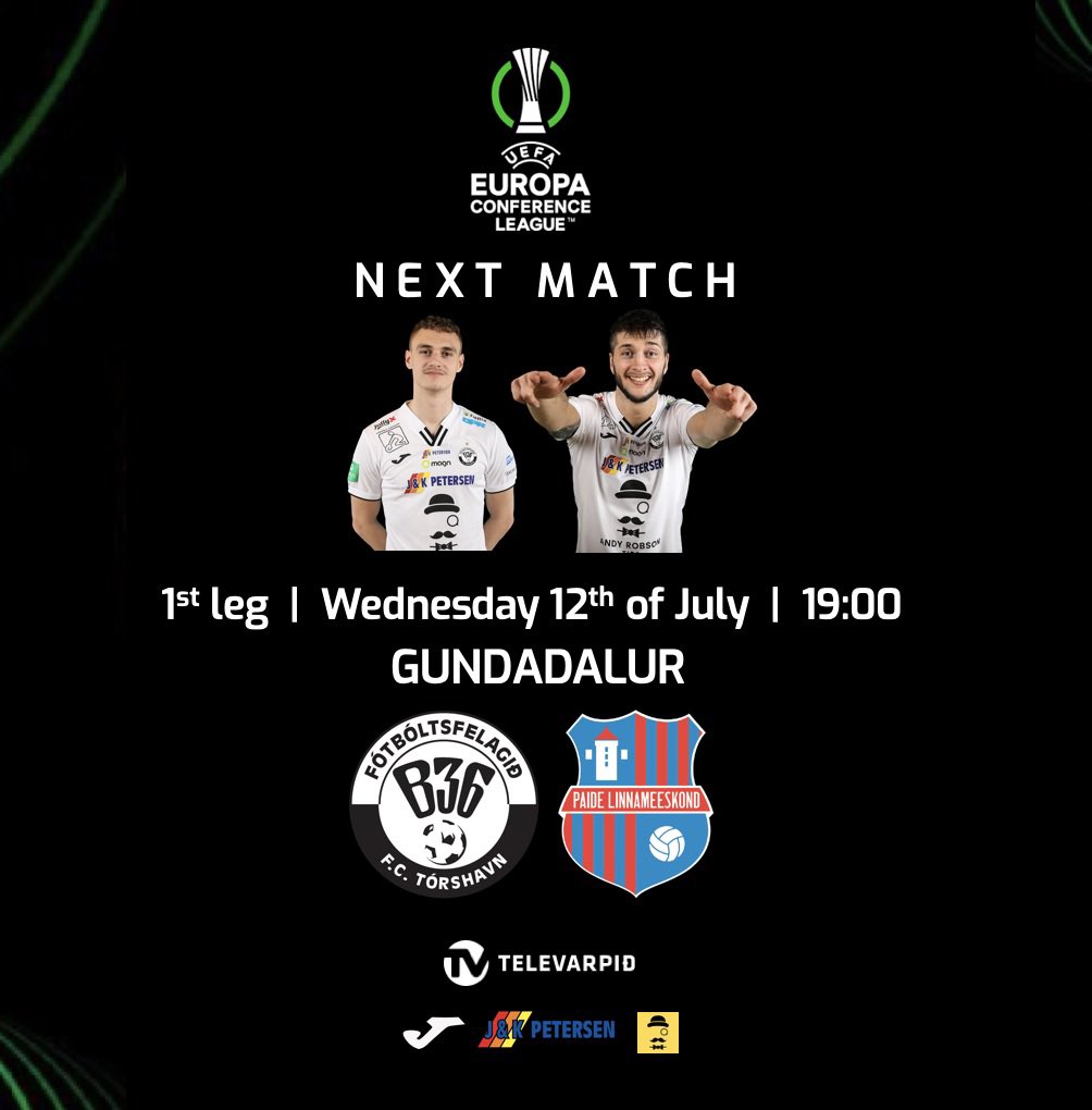 B36's tweet photo. 🔜 UEFA Conference League ⚽️ match in Gundadalur 🏟️🇫🇴

B36 vs @PLinnameeskond 🇪🇪 - Wednesday 12th of July 19:00

#viteruB36 🤍🖤 @AndyRobsonTips 🟡

#soccer #football #futbol #uefa #faroeislands https://t.co/LHygm7Rs5R