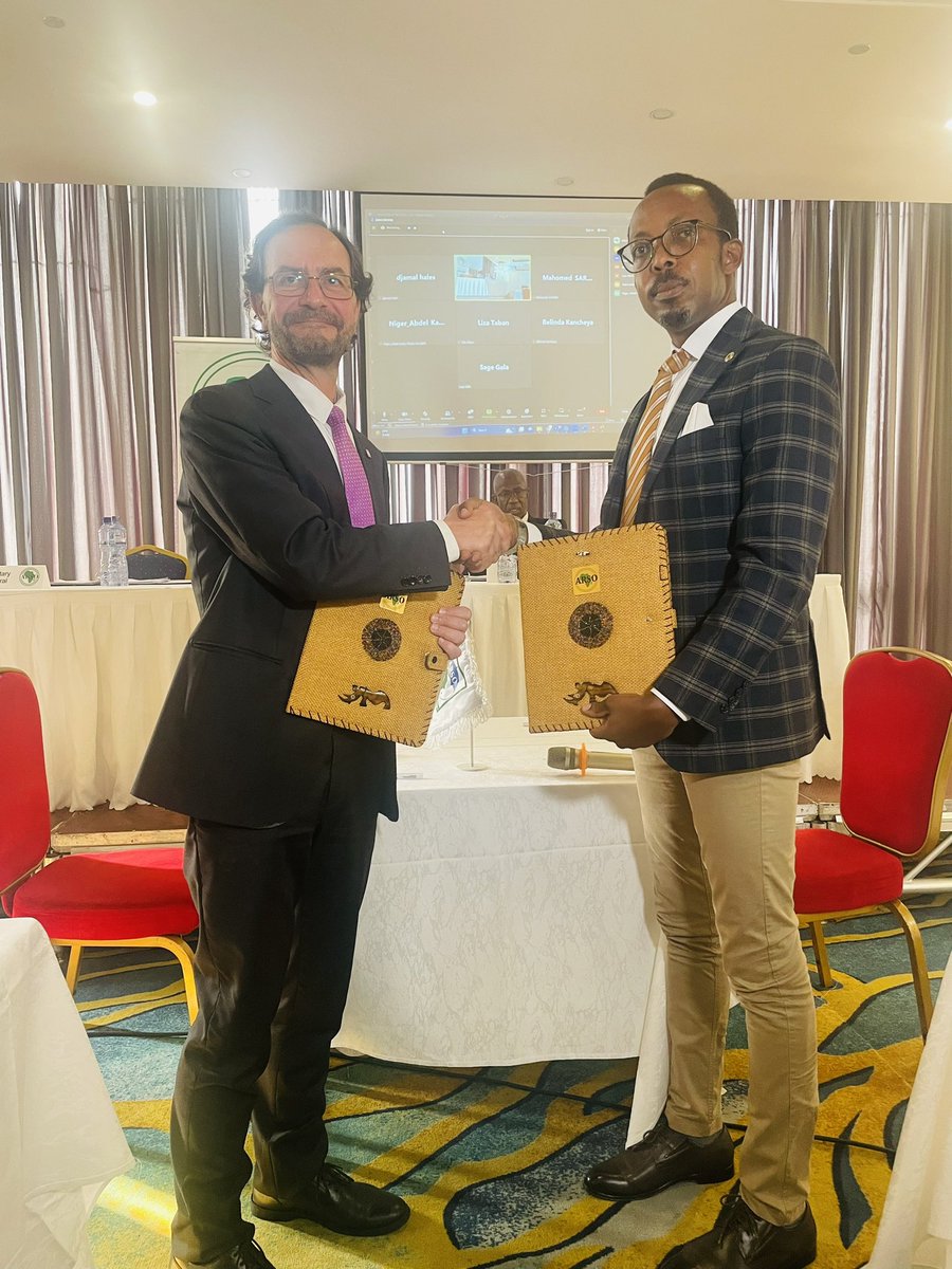 ARSO_1977's tweet photo. The ARSO Secretary General @nhermog and @isostandards Secretary General @ISOSecGen sign a 5 year MoU to harmonise and improve the adoption of standards to enhance Global trade and Intra African Trade in the Spirit of One Standard One Test One Certificate Accepted Everywhere https://t.co/K2HtUrJU5k