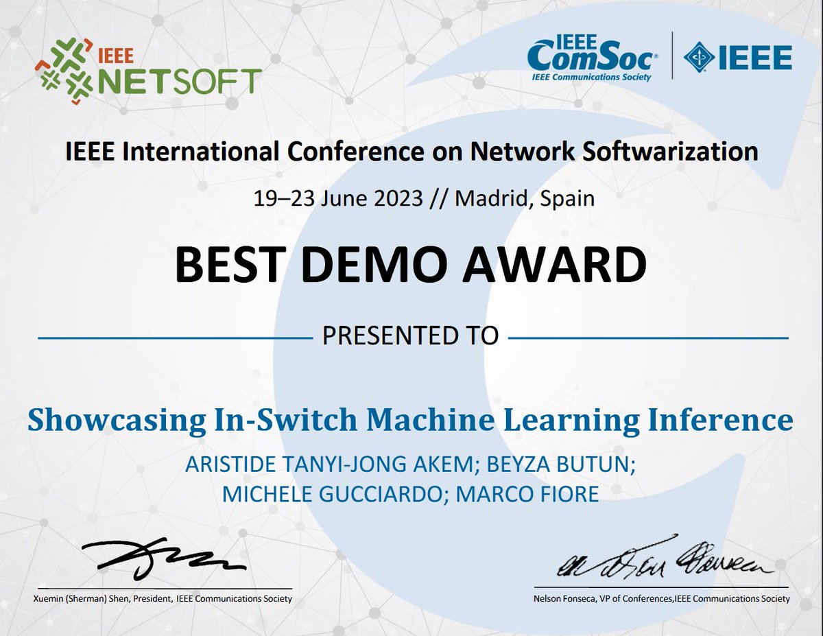 h2020daemon's tweet photo. NEW @h2020daemon from @IMDEA_Networks won the Best Demo Awards “Showcasing In-Switch Machine Learning Inference" at IEEE International Conference on Network Softwarization @ieee_netsoft 2023 in Madrid, Spain. Available at @ZENODO #h2020daemon #H2020 @EU_H2020 @5GPPP https://t.co/YxwSaSF24T