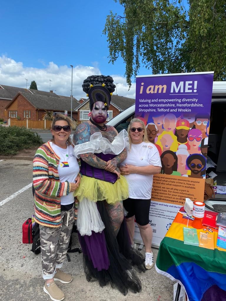 VS_WestMercia's tweet photo. Karen &amp; Andrea from our Projects Team had great fun last weekend at Kidderminster Pride with @KMinsterCops, raising awareness for our Hate Crime project i am ME!  This Saturday we'll be at @BromsgrovePride, come along and see us. https://t.co/cVsJuXlJL0