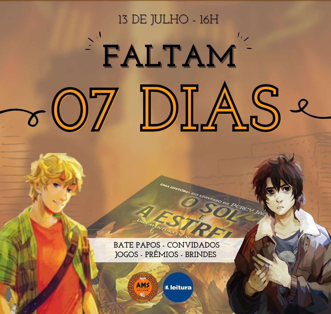 AcampamentoMei7's tweet photo. Isso mesmo! 7 dias para o lançamento em Português do livro o Sol e a Estrela! Qual a maior expectativa de vocês para esse novo livro? #percyjackson #percyjacksonbrasil #osoleaestrela #rickriordan #riordanverse #percyjacksonseries #percyjacksonbooks #salvador #salvadorshopping https://t.co/lc2g4LJ48o