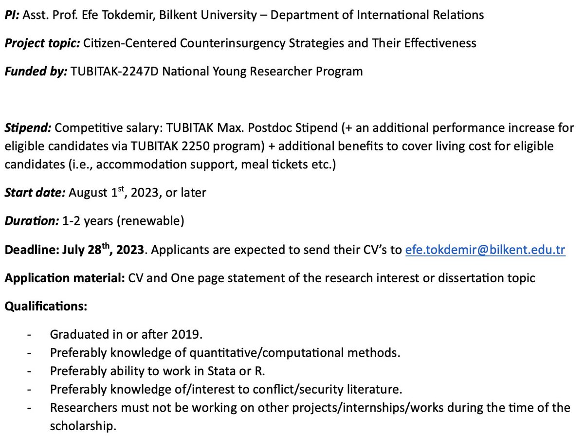 📢TUBITAK projesi kapsamında çalışan araştırma ekibine bir doktora sonrası araştırmacı alacağız. İlgilenenler aşağıdaki ilanda pozisyon ve iletişim detaylarını bulabilir. İlgilenebilecek tanıdık ve öğrencilerinizle de paylaşabilirsiniz. Başvuru son tarihi: 28 Temmuz 2023