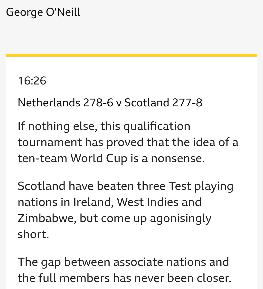 Wise words from the BBC

#CWCQualifier #CWC23 @BBCSport @G_HMedia @BdJcricket @jperry_cricket @JayDansinghani