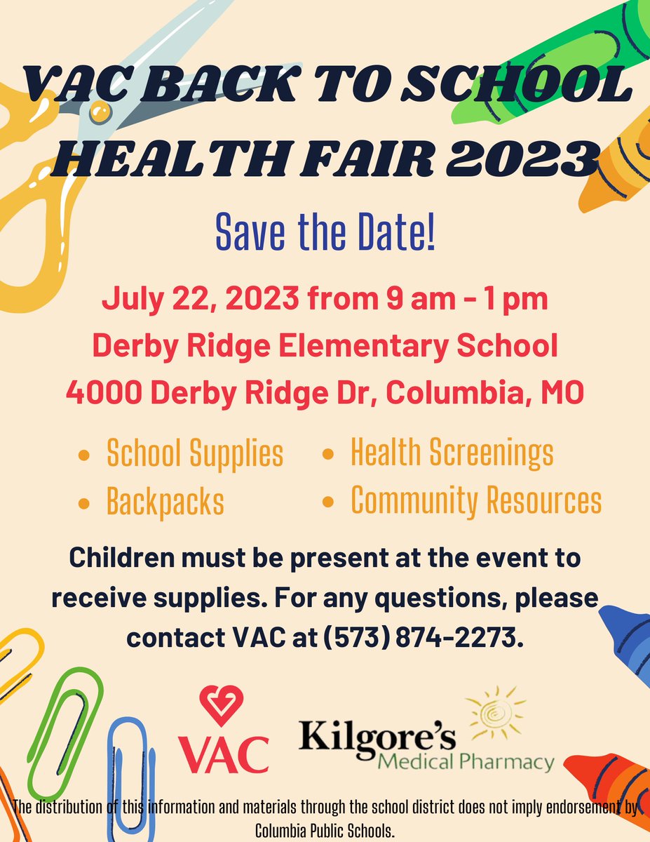 VAC's Back to School Health Fair is coming up! On July 22nd, from 9 AM to 1 PM, we will have free backpacks, health screenings, and more at Derby Ridge Elementary School. A huge thank you to our presenting sponsor, Kilgore's Medical Pharmacy, for making this event possible!