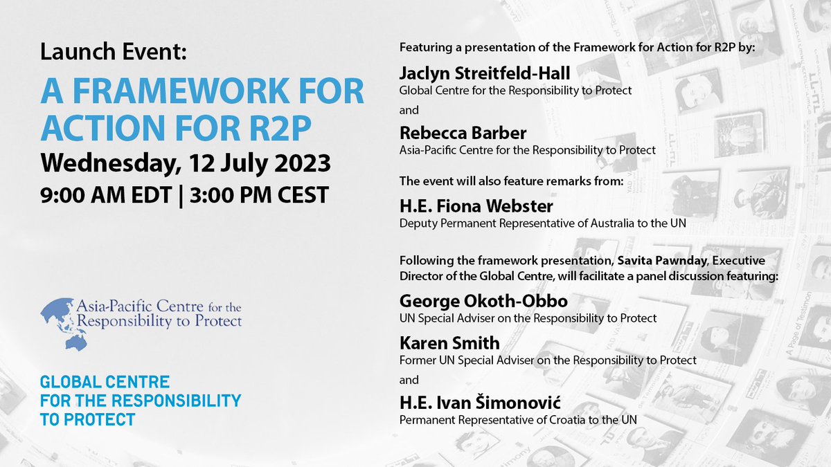 GCR2P's tweet photo. 🚨TOMORROW: @GCR2P &amp; @APR2P are launching a "Framework for Action for R2P," feat @becjbarber &amp; @JDStreitfeld, remarks from Amb Webster @AustraliaUN &amp; a discussion w/ @GeorgeOkothObbo, Karen Smith, Amb Šimonović @CroatiaUN &amp; our ED @savita_pawnday.

🔗 https://t.co/nQw9k8iMKA https://t.co/7lDnfEKCK4