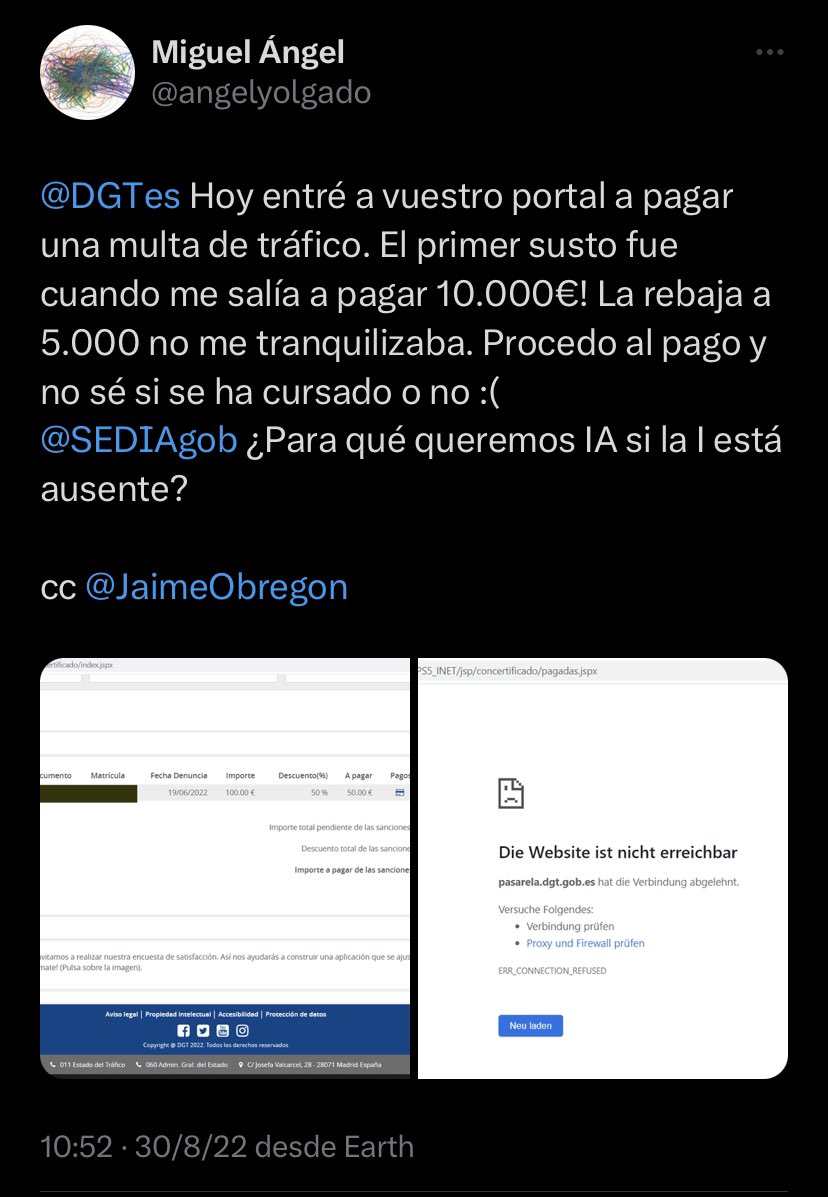 JaimeObregon's tweet photo. Hola, @DGTes. 👋

📣 La ciudadanía os estamos avisando de un defecto importante en vuestro trámite digital de pago de multas.

Casi un año separa estos dos tuits, y aún no lo habéis resuelto. ☹️

¿Podéis por favor resolverlo ya? 👇

Muchas gracias. 🙏 https://t.co/6dClGeNHhu