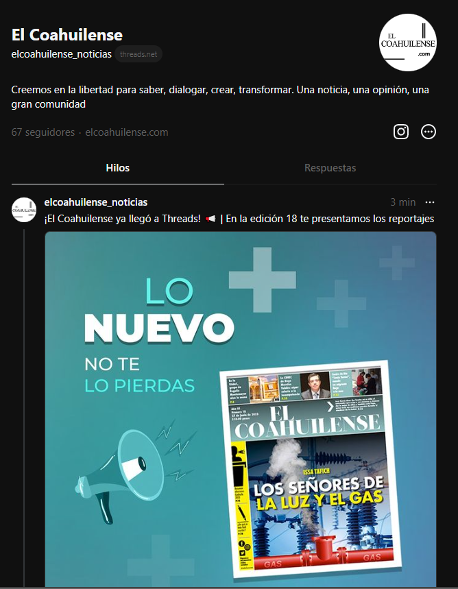 coahuilense_el's tweet photo. ¿Ya nos siguen en Threads? Aquí nos encuentran 👉 https://t.co/bU4exNX3Yu https://t.co/LoS19b59cq