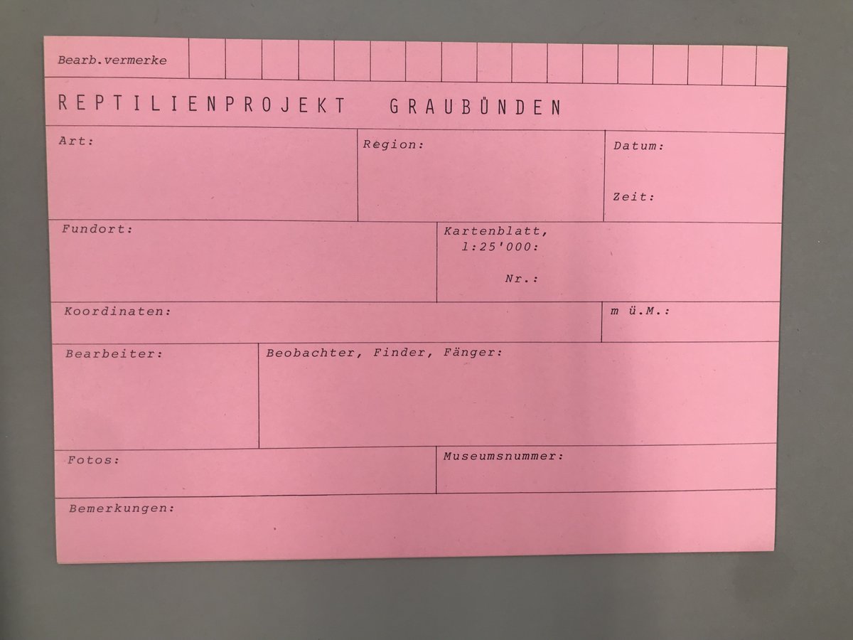 Die Sommerferien stehen vor der Tür: Falls jemand in den Kanton Graubünden fährt und einen Beitrag zum Reptilieninventar leisten möchte, bitte Karteikarte ausfüllen ✍
Einziger Hacken: Einreichefrist = 1992

#kommunalarchive #archivtrouvaillen