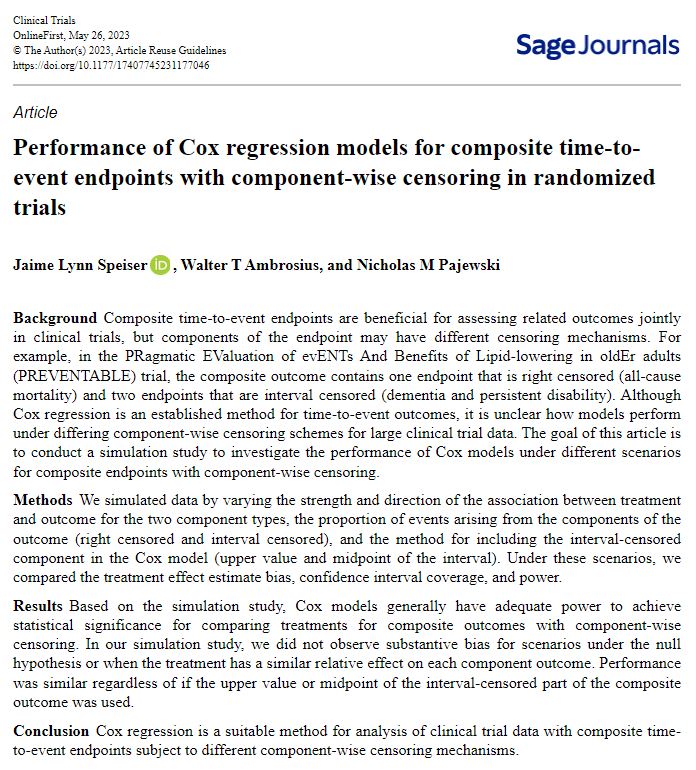 DrJSpeiser's tweet photo. Our paper on Cox regression for composite time to event endpoints with component-wise censoring (e.g., death=right censored, dementia=interval censored) is out! @NMPajewski @wambrosius 

TL;DR: Simulation study showed adequate power

Paper link and code repository ⬇️ https://t.co/6wjOR7RWCR